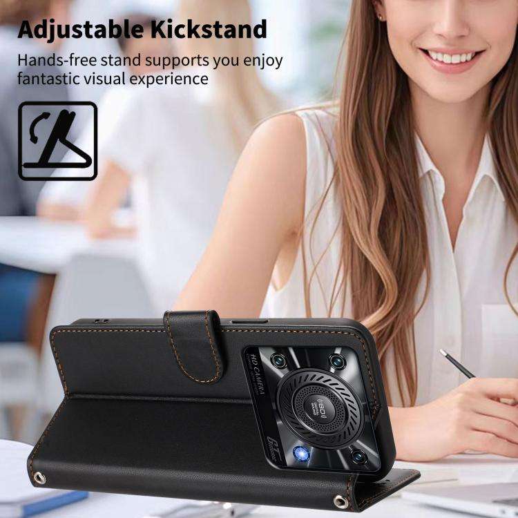 For Oukitel C60 Happy Heart Pattern Magnetic Closure Vegan Leather Phone Case with Wrist Strap(Bl...