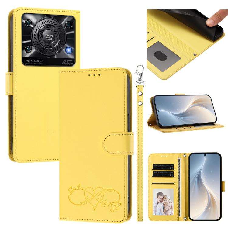 For Oukitel C60 Happy Heart Pattern Magnetic Closure Vegan Leather Phone Case with Wrist Strap(Ye...