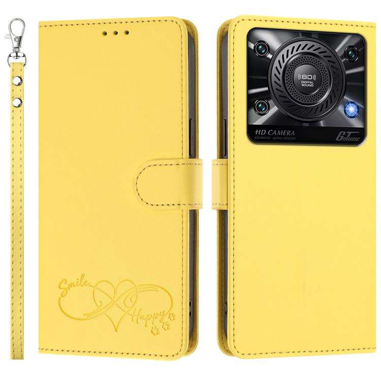 For Oukitel C60 Happy Heart Pattern Magnetic Closure Vegan Leather Phone Case with Wrist Strap(Ye...