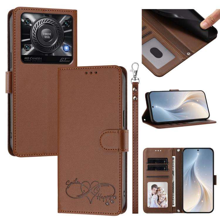 For Oukitel C60 Happy Heart Pattern Magnetic Closure Vegan Leather Phone Case with Wrist Strap(Br...
