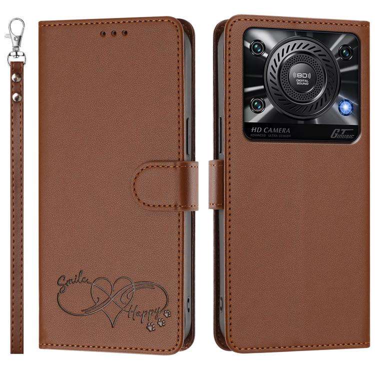 For Oukitel C60 Happy Heart Pattern Magnetic Closure Vegan Leather Phone Case with Wrist Strap(Br...