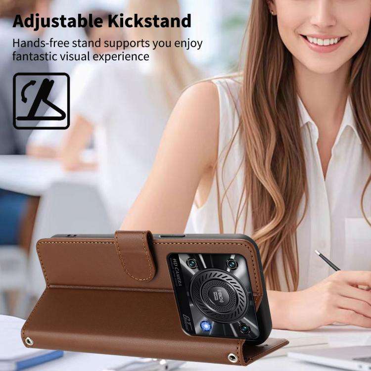 For Oukitel C60 Happy Heart Pattern Magnetic Closure Vegan Leather Phone Case with Wrist Strap(Br...