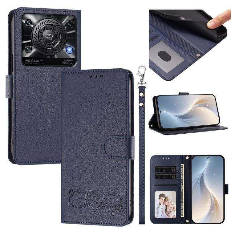 For Oukitel C60 Happy Heart Pattern Magnetic Closure Vegan Leather Phone Case with Wrist Strap(Blue)