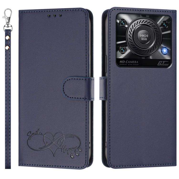 For Oukitel C60 Happy Heart Pattern Magnetic Closure Vegan Leather Phone Case with Wrist Strap(Blue)