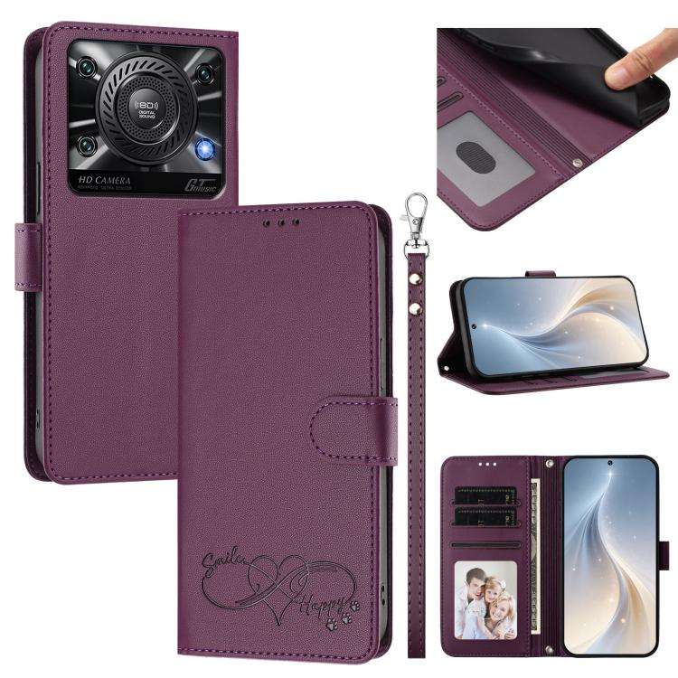 For Oukitel C60 Happy Heart Pattern Magnetic Closure Vegan Leather Phone Case with Wrist Strap(Vi...