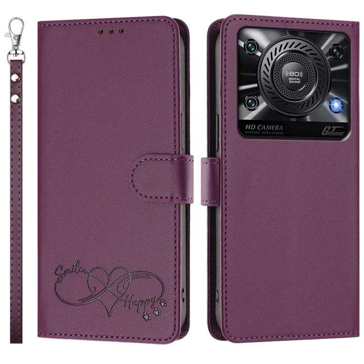 For Oukitel C60 Happy Heart Pattern Magnetic Closure Vegan Leather Phone Case with Wrist Strap(Vi...