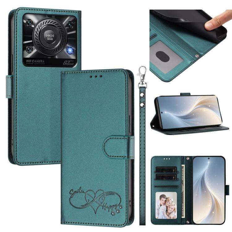 For Oukitel C60 Happy Heart Pattern Magnetic Closure Vegan Leather Phone Case with Wrist Strap(Gr...
