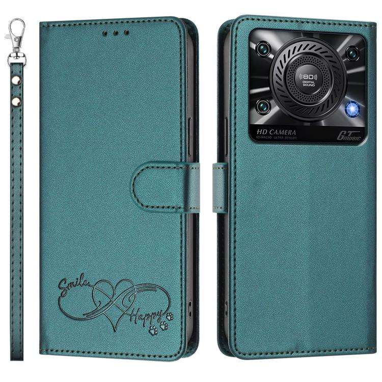 For Oukitel C60 Happy Heart Pattern Magnetic Closure Vegan Leather Phone Case with Wrist Strap(Gr...