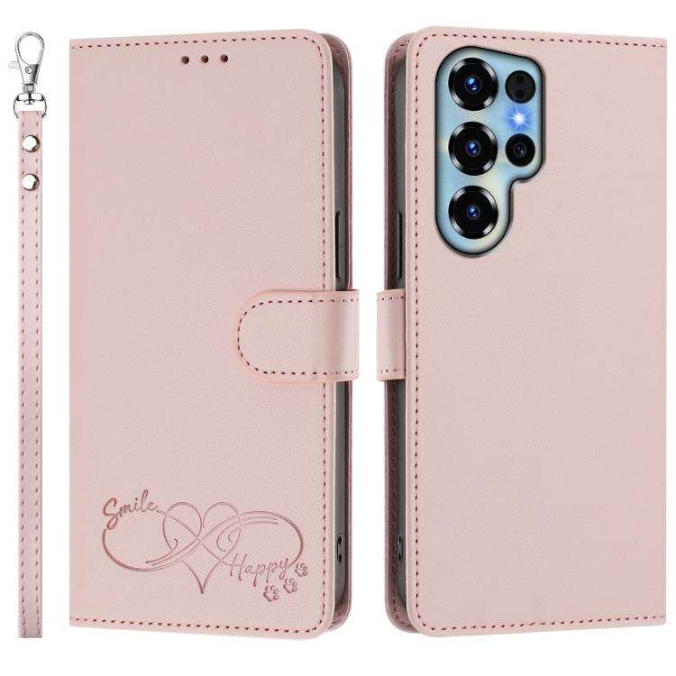 For Oukitel C68 Happy Heart Pattern Magnetic Closure Vegan Leather Phone Case with Wrist Strap(Pink)