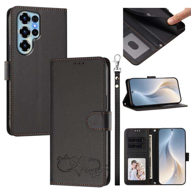 For Oukitel C68 Happy Heart Pattern Magnetic Closure Vegan Leather Phone Case with Wrist Strap(Bl...