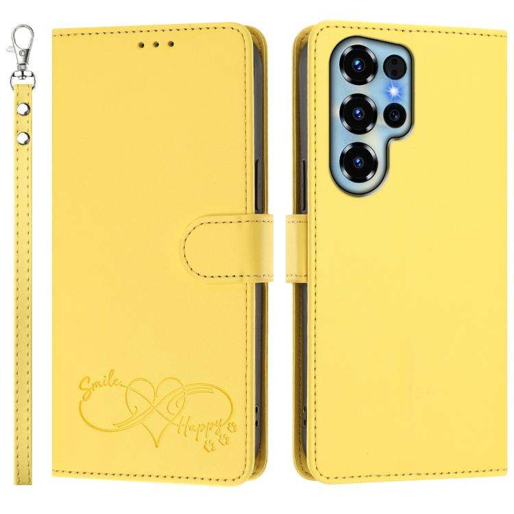 For Oukitel C68 Happy Heart Pattern Magnetic Closure Vegan Leather Phone Case with Wrist Strap(Ye...