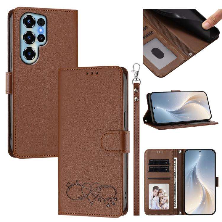 For Oukitel C68 Happy Heart Pattern Magnetic Closure Vegan Leather Phone Case with Wrist Strap(Br...