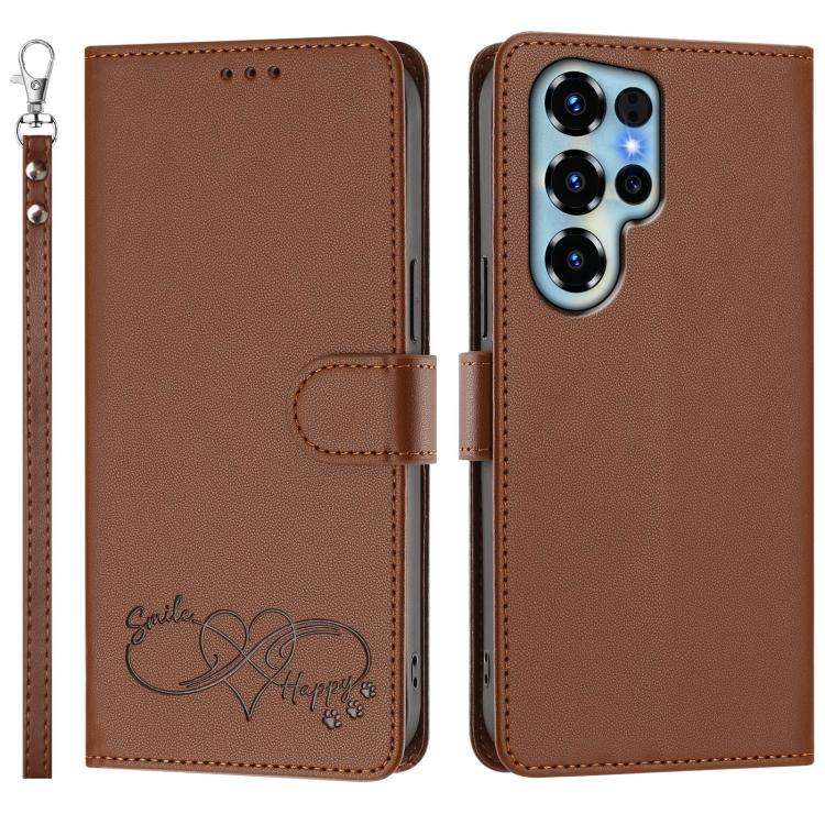 For Oukitel C68 Happy Heart Pattern Magnetic Closure Vegan Leather Phone Case with Wrist Strap(Br...