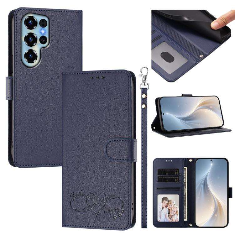 For Oukitel C68 Happy Heart Pattern Magnetic Closure Vegan Leather Phone Case with Wrist Strap(Blue)