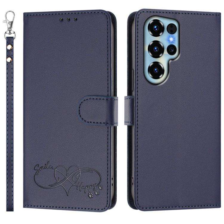 For Oukitel C68 Happy Heart Pattern Magnetic Closure Vegan Leather Phone Case with Wrist Strap(Blue)