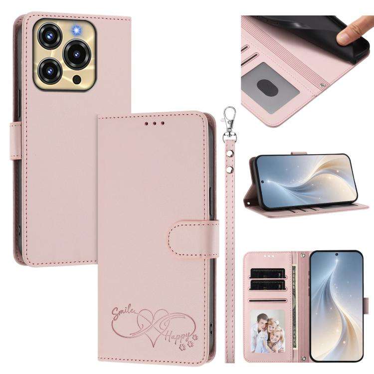 For Oukitel C69 Happy Heart Pattern Magnetic Closure Vegan Leather Phone Case with Wrist Strap(Pink)