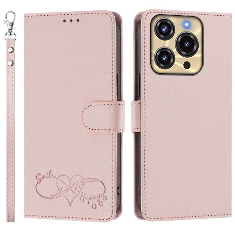 For Oukitel C69 Happy Heart Pattern Magnetic Closure Vegan Leather Phone Case with Wrist Strap(Pink)
