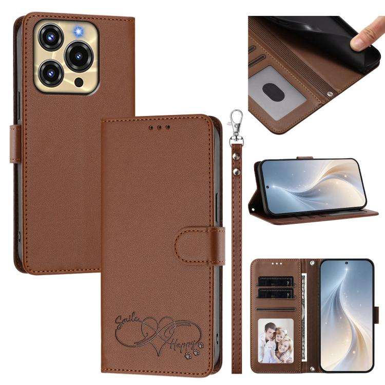For Oukitel C69 Happy Heart Pattern Magnetic Closure Vegan Leather Phone Case with Wrist Strap(Br...