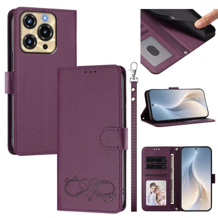 For Oukitel C69 Happy Heart Pattern Magnetic Closure Vegan Leather Phone Case with Wrist Strap(Vi...