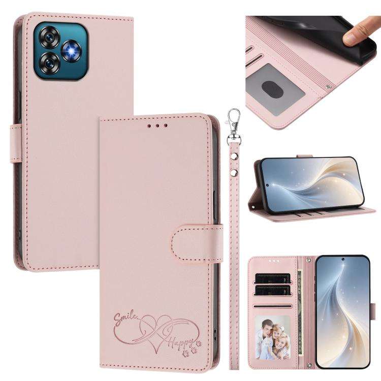 For Oukitel C53 Happy Heart Pattern Magnetic Closure Vegan Leather Phone Case with Wrist Strap(Pink)