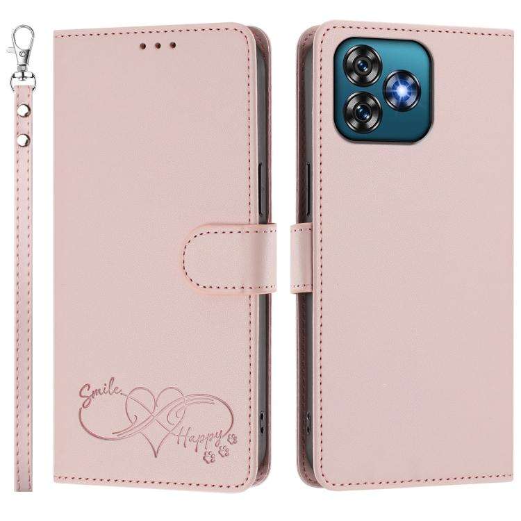 For Oukitel C53 Happy Heart Pattern Magnetic Closure Vegan Leather Phone Case with Wrist Strap(Pink)