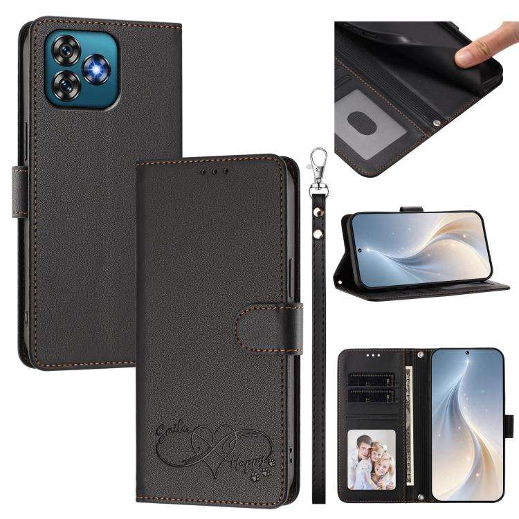 For Oukitel C53 Happy Heart Pattern Magnetic Closure Vegan Leather Phone Case with Wrist Strap(Bl...