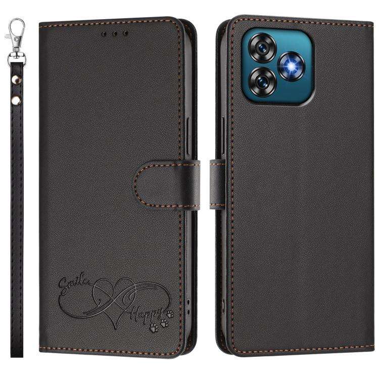 For Oukitel C53 Happy Heart Pattern Magnetic Closure Vegan Leather Phone Case with Wrist Strap(Bl...