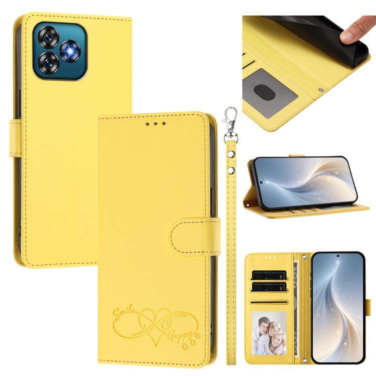 For Oukitel C53 Happy Heart Pattern Magnetic Closure Vegan Leather Phone Case with Wrist Strap(Ye...