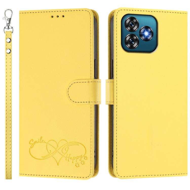 For Oukitel C53 Happy Heart Pattern Magnetic Closure Vegan Leather Phone Case with Wrist Strap(Ye...