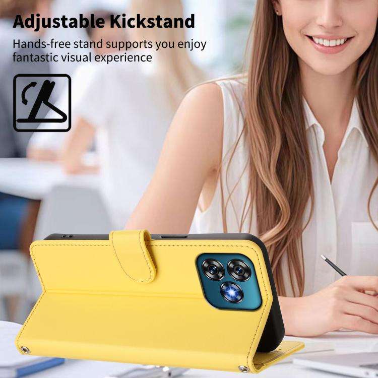 For Oukitel C53 Happy Heart Pattern Magnetic Closure Vegan Leather Phone Case with Wrist Strap(Ye...