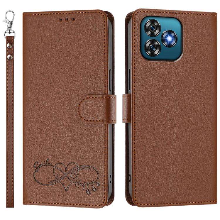 For Oukitel C53 Happy Heart Pattern Magnetic Closure Vegan Leather Phone Case with Wrist Strap(Br...