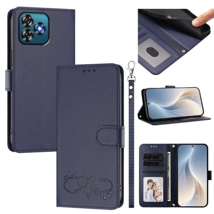 For Oukitel C53 Happy Heart Pattern Magnetic Closure Vegan Leather Phone Case with Wrist Strap(Blue)
