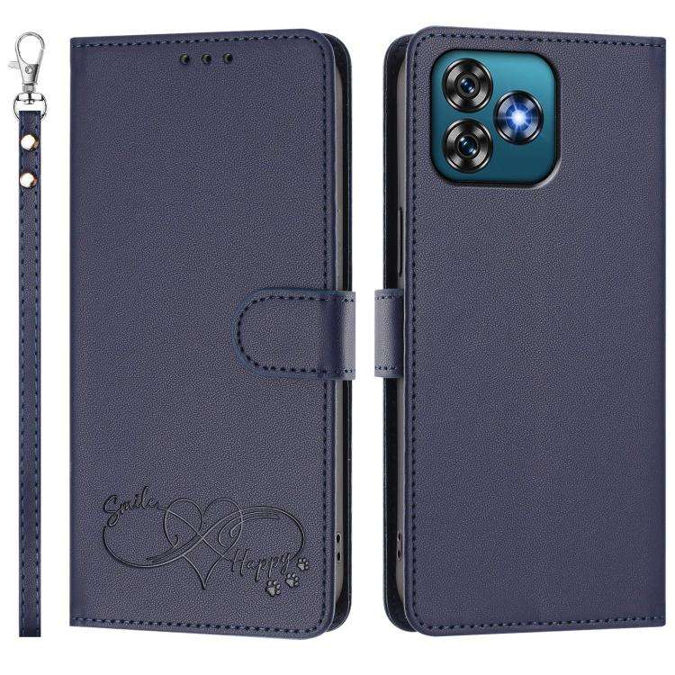 For Oukitel C53 Happy Heart Pattern Magnetic Closure Vegan Leather Phone Case with Wrist Strap(Blue)