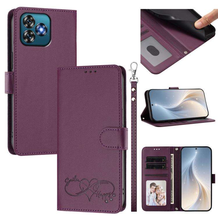 For Oukitel C53 Happy Heart Pattern Magnetic Closure Vegan Leather Phone Case with Wrist Strap(Vi...