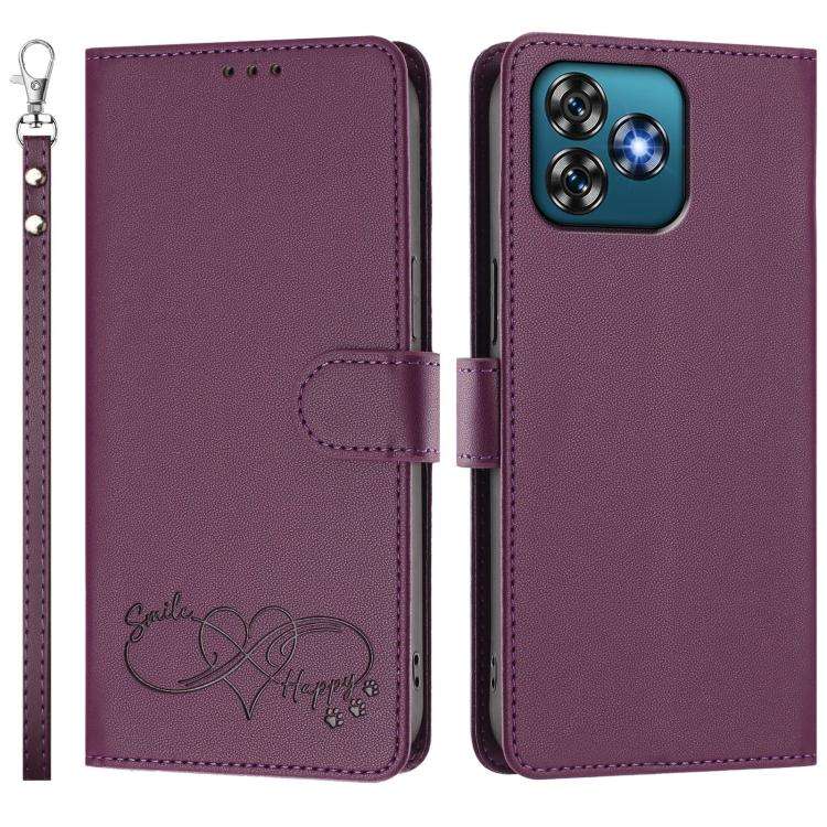 For Oukitel C53 Happy Heart Pattern Magnetic Closure Vegan Leather Phone Case with Wrist Strap(Vi...