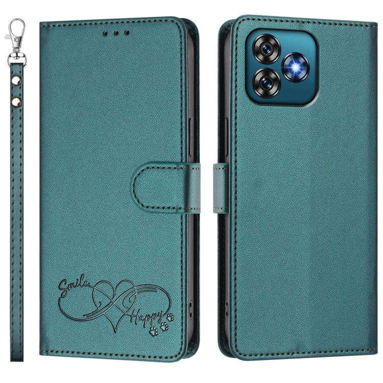 For Oukitel C53 Happy Heart Pattern Magnetic Closure Vegan Leather Phone Case with Wrist Strap(Gr...