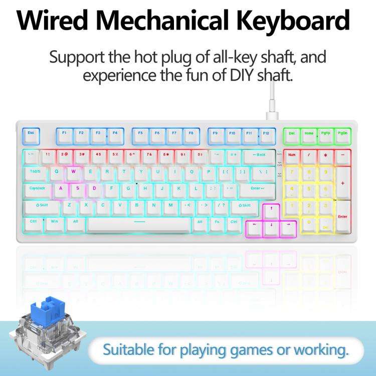 Lenovo GK10 RGB 98 Keys Wired Mechanical Keyboard, Type:Blue Axis(White)