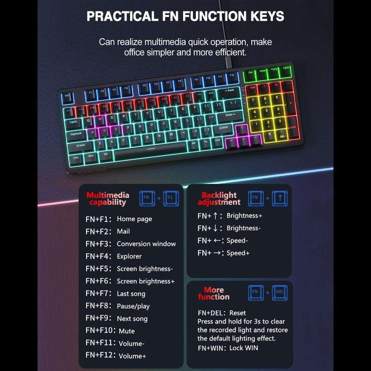 Lenovo GK10 RGB 98 Keys Wired Mechanical Keyboard, Type:Blue Axis(White)