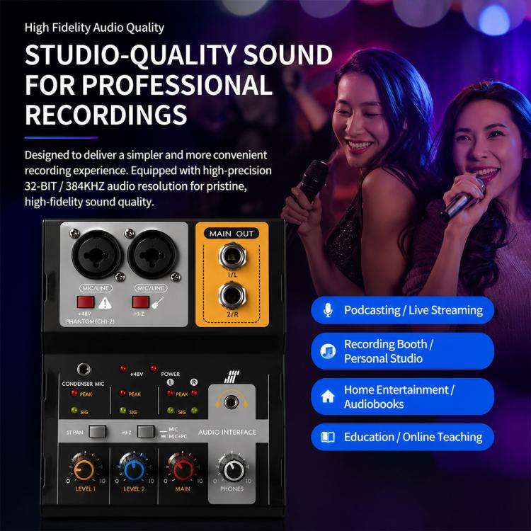 F-2A Multi-function Professional 2-way Recording Mixer USB Live Streaming Sound Card(Black)
