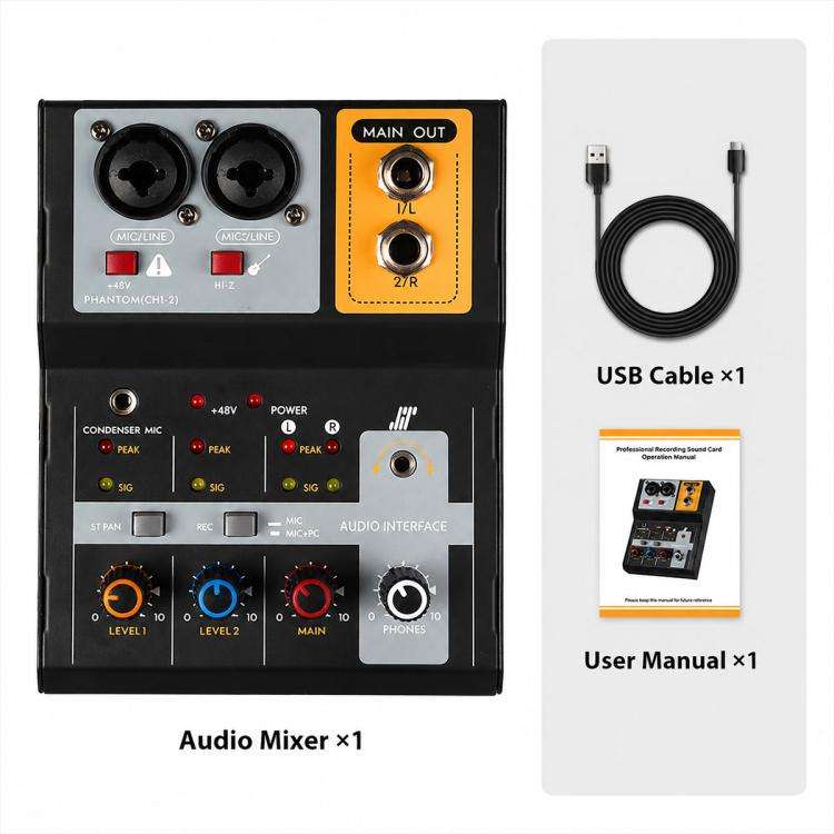 F-2A Multi-function Professional 2-way Recording Mixer USB Live Streaming Sound Card(Black)