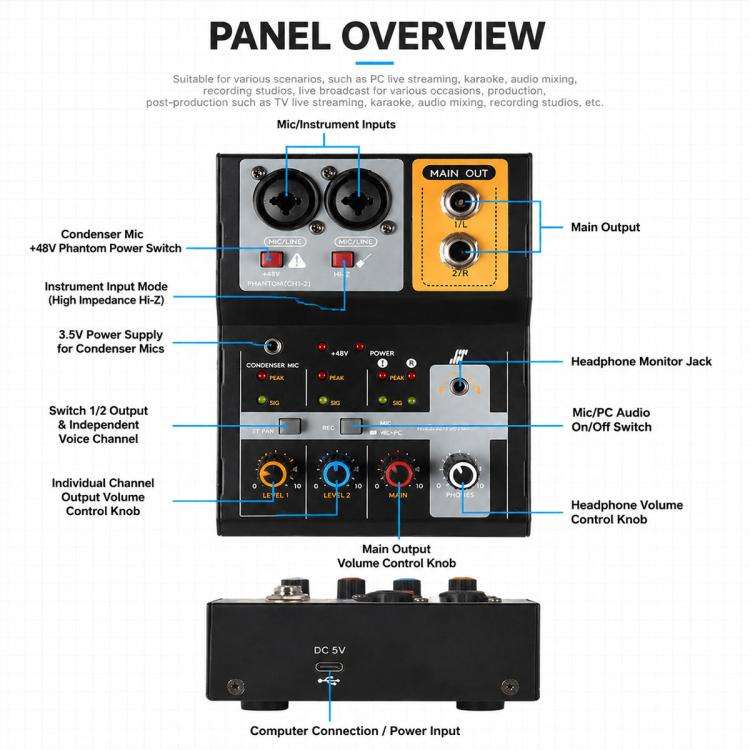 F-2A Multi-function Professional 2-way Recording Mixer USB Live Streaming Sound Card(Black)