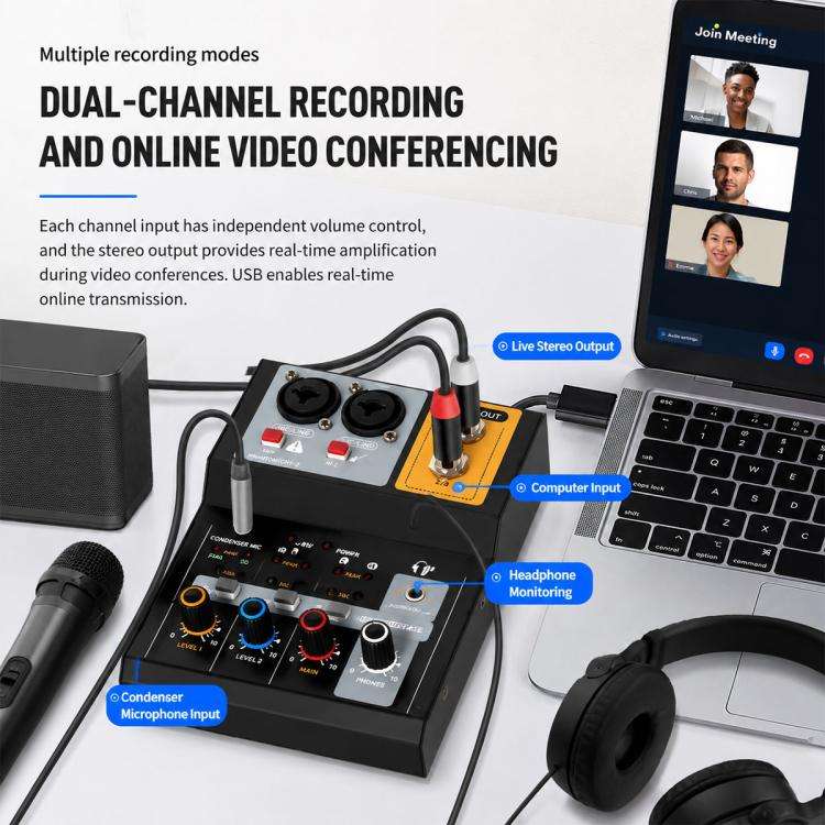 F-2A Multi-function Professional 2-way Recording Mixer USB Live Streaming Sound Card(Black)
