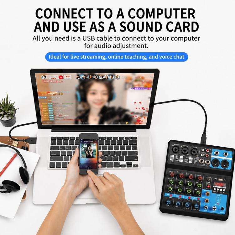 F-5A Multi-function Professional 5-way Recording Mixer Bluetooth Live Streaming Sound Card, Plug ...