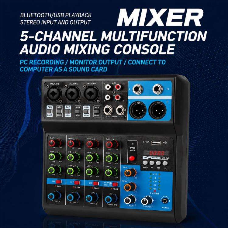 F-5A Multi-function Professional 5-way Recording Mixer Bluetooth Live Streaming Sound Card, Plug ...