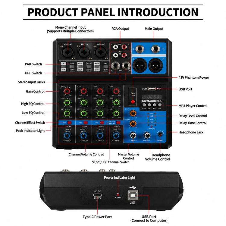 F-5A Multi-function Professional 5-way Recording Mixer Bluetooth Live Streaming Sound Card, Plug ...