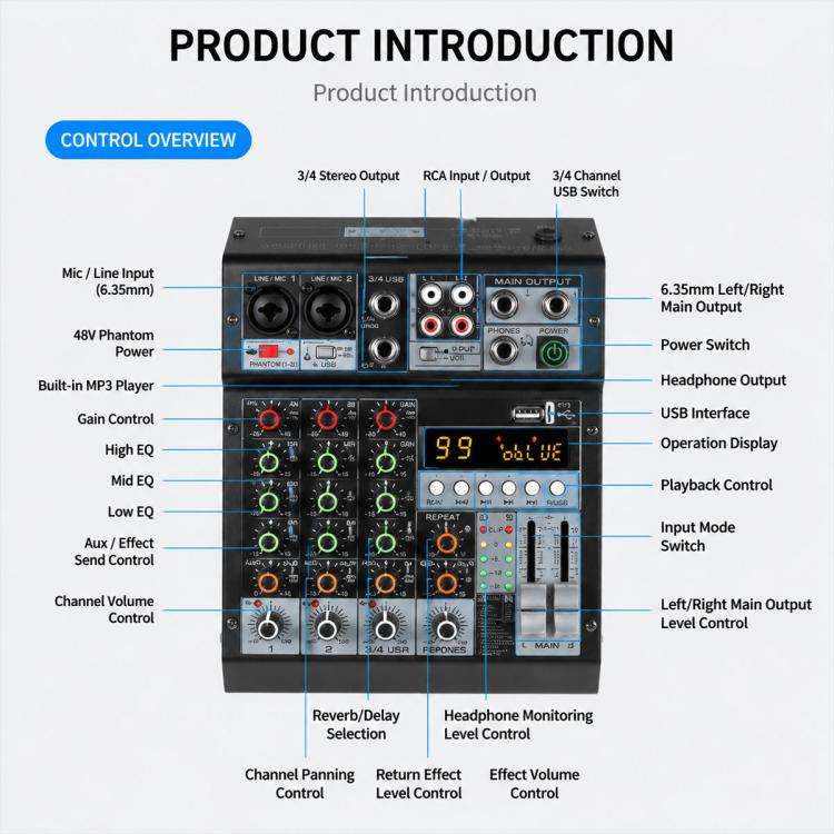 TP-6M 6-Channel Multi-function Professional Recording Mixer Bluetooth Sound Card, Plug Type:EU Pl...