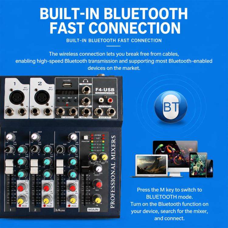 F4 4-Channel Multi-function Professional Bluetooth Live Streaming Mixer, Plug Type:EU Plug(Black)