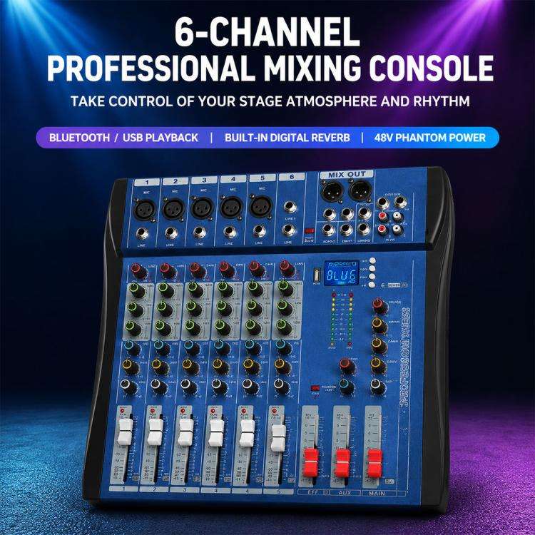 CT-6 6-Channel Professional Bluetooth Mixer with Amplifier, Plug Type:UK Plug(Black Grey)