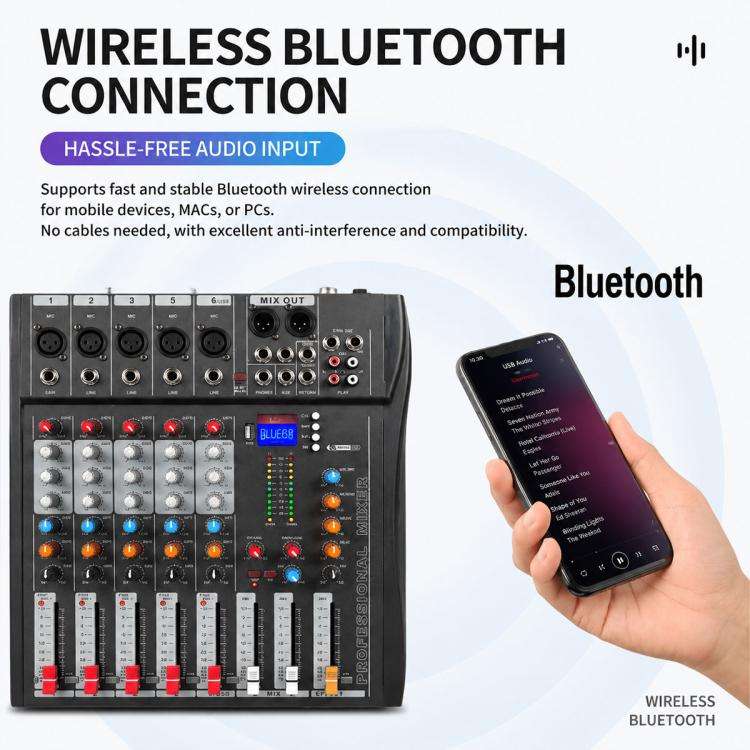 CT-6 6-Channel Professional Bluetooth Mixer with Amplifier, Plug Type:UK Plug(Black Grey)