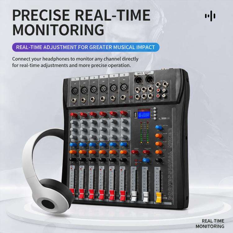 CT-6 6-Channel Professional Bluetooth Mixer with Amplifier, Plug Type:UK Plug(Black Grey)